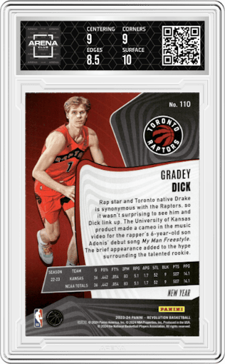 Gradey Dick from the 2023-24 Panini Revolution set featuring a Chinese New Year parallel graded by Arena Club and given an overall grade of 9.