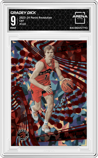 Gradey Dick from the 2023-24 Panini Revolution set featuring a Chinese New Year parallel graded by Arena Club and given an overall grade of 9.