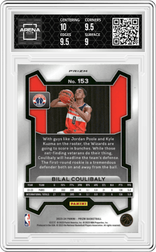 Bilal Coulibaly from the 2023-24 Panini Prizm set featuring a Ruby Wave parallel graded by Arena Club and given an overall grade of 9.5.