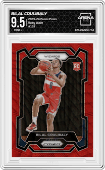 Bilal Coulibaly from the 2023-24 Panini Prizm set featuring a Ruby Wave parallel graded by Arena Club and given an overall grade of 9.5.