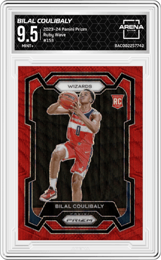 Bilal Coulibaly from the 2023-24 Panini Prizm set featuring a Ruby Wave parallel graded by Arena Club and given an overall grade of 9.5.