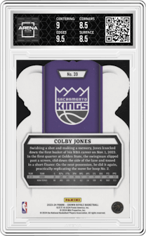 Colby Jones from the 2023-24 Panini Crown Royale  set featuring a Red Crystal parallel graded by Arena Club and given an overall grade of 9.