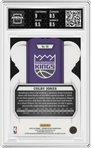 Colby Jones from the 2023-24 Panini Crown Royale  set featuring a Red Crystal parallel graded by Arena Club and given an overall grade of 9.
