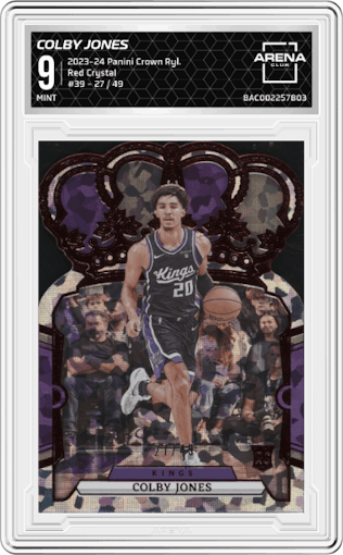 Colby Jones from the 2023-24 Panini Crown Royale  set featuring a Red Crystal parallel graded by Arena Club and given an overall grade of 9.