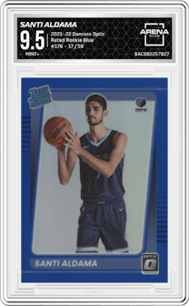 Santi Aldama from the 2021-22 Panini Donruss Optic set featuring a Blue parallel graded by Arena Club and given an overall grade of 9.5.