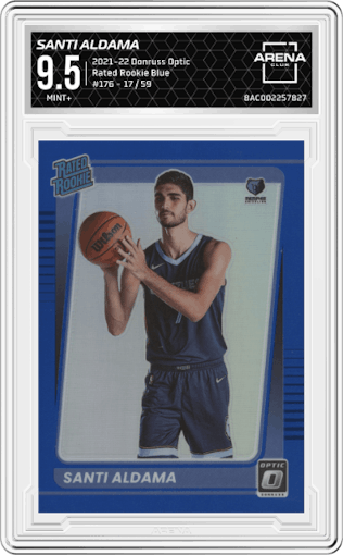 Santi Aldama from the 2021-22 Panini Donruss Optic set featuring a Blue parallel graded by Arena Club and given an overall grade of 9.5.