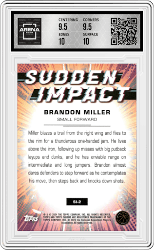 Brandon Miller from the 2023-24 Topps Chrome set featuring a Pink Basketball Refractor parallel graded by Arena Club and given an overall grade of 10.