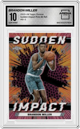 Brandon Miller from the 2023-24 Topps Chrome set featuring a Pink Basketball Refractor parallel graded by Arena Club and given an overall grade of 10.