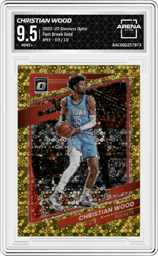 Christian Wood from the 2021-22 Panini Donruss Optic set featuring a Fast Break Gold parallel graded by Arena Club and given an overall grade of 9.5.