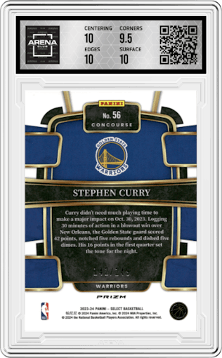 Stephen Curry from the 2023-24 Panini Select  set featuring a Blue Scope parallel graded by Arena Club and given an overall grade of 10.