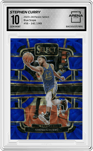 Stephen Curry from the 2023-24 Panini Select  set featuring a Blue Scope parallel graded by Arena Club and given an overall grade of 10.