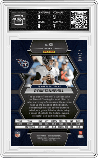 Ryan Tannehill from the 2023 Panini Mosaic set featuring a Gold Wave Mosaic parallel graded by Arena Club and given an overall grade of 7.5.