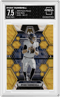 Ryan Tannehill from the 2023 Panini Mosaic set featuring a Gold Wave Mosaic parallel graded by Arena Club and given an overall grade of 7.5.