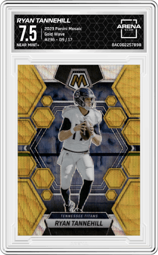 Ryan Tannehill from the 2023 Panini Mosaic set featuring a Gold Wave Mosaic parallel graded by Arena Club and given an overall grade of 7.5.