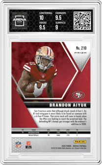 Brandon Aiyuk from the 2020 Panini Mosaic set featuring a Green Mosaic parallel graded by Arena Club and given an overall grade of 9.5.