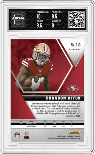 Brandon Aiyuk from the 2020 Panini Mosaic set featuring a Green Mosaic parallel graded by Arena Club and given an overall grade of 9.5.