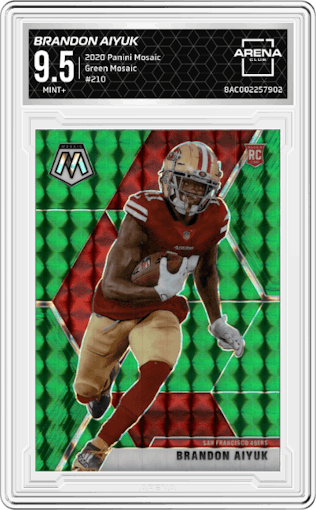 Brandon Aiyuk from the 2020 Panini Mosaic set featuring a Green Mosaic parallel graded by Arena Club and given an overall grade of 9.5.