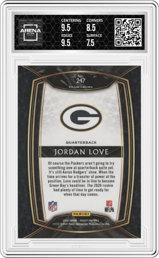 Jordan Love from the 2020 Panini Select set graded by Arena Club and given an overall grade of 8.