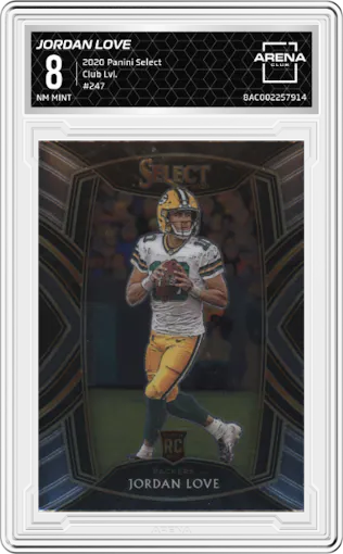 Jordan Love from the 2020 Panini Select set graded by Arena Club and given an overall grade of 8.