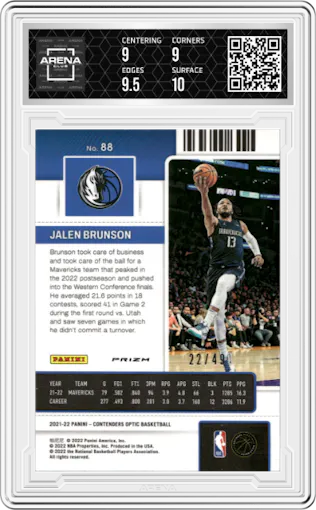 Jalen Brunson from the 2021-22 Panini Contenders Optic set featuring a Orange parallel graded by Arena Club and given an overall grade of 9.5.