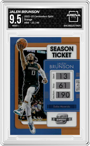 Jalen Brunson from the 2021-22 Panini Contenders Optic set featuring a Orange parallel graded by Arena Club and given an overall grade of 9.5.