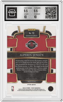 Alperen Sengun from the 2023-24 Panini Select  set featuring a Blue Scope parallel graded by Arena Club and given an overall grade of 10.