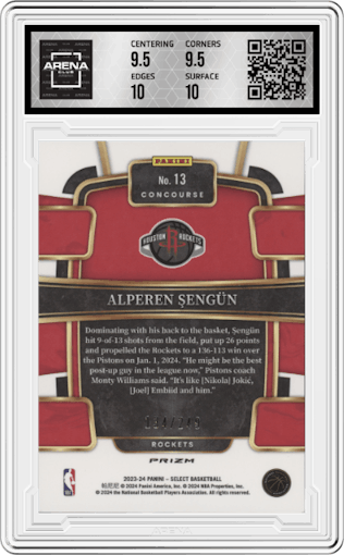 Alperen Sengun from the 2023-24 Panini Select  set featuring a Blue Scope parallel graded by Arena Club and given an overall grade of 10.