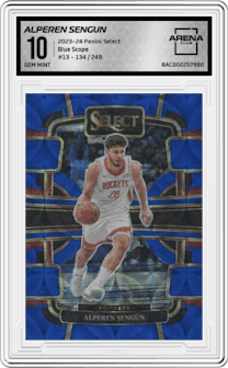Alperen Sengun from the 2023-24 Panini Select  set featuring a Blue Scope parallel graded by Arena Club and given an overall grade of 10.