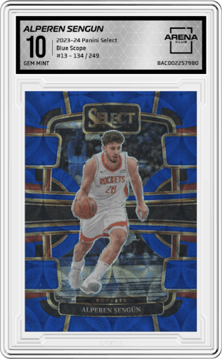 Alperen Sengun from the 2023-24 Panini Select  set featuring a Blue Scope parallel graded by Arena Club and given an overall grade of 10.