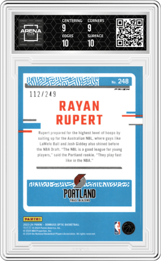 Rayan Rupert from the 2023-24 Donruss Optic set featuring a Aqua parallel graded by Arena Club and given an overall grade of 9.5.