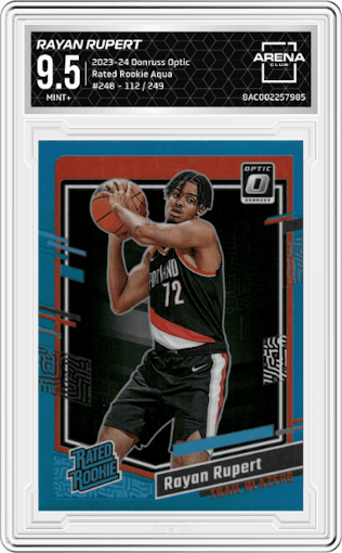 Rayan Rupert from the 2023-24 Donruss Optic set featuring a Aqua parallel graded by Arena Club and given an overall grade of 9.5.