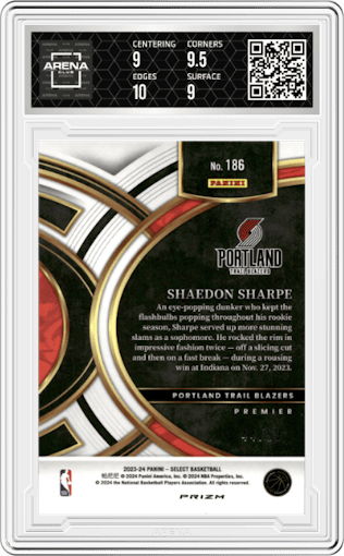 Shaedon Sharpe from the 2023-24 Panini Select  set featuring a Pink Cracked Ice parallel graded by Arena Club and given an overall grade of 9.5.