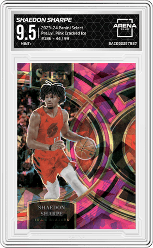 Shaedon Sharpe from the 2023-24 Panini Select  set featuring a Pink Cracked Ice parallel graded by Arena Club and given an overall grade of 9.5.