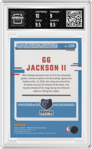 GG Jackson II from the 2023-24 Donruss Optic set featuring a Purple parallel graded by Arena Club and given an overall grade of 9.5.