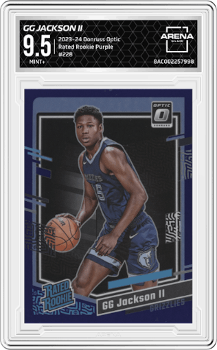 GG Jackson II from the 2023-24 Donruss Optic set featuring a Purple parallel graded by Arena Club and given an overall grade of 9.5.