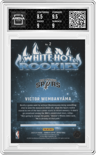 Victor Wembanyama from the 2023-24 Donruss Optic set graded by Arena Club and given an overall grade of 9.