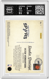Victor Wembanyama from the 2023-24 Panini NBA Hoops set graded by Arena Club and given an overall grade of 9.5.