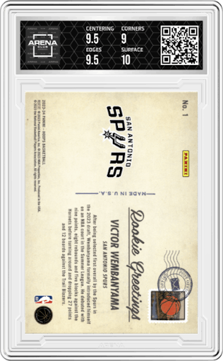 Victor Wembanyama from the 2023-24 Panini NBA Hoops set graded by Arena Club and given an overall grade of 9.5.