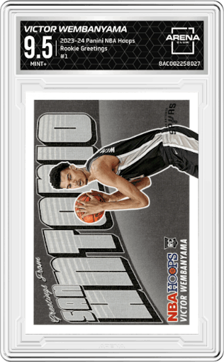Victor Wembanyama from the 2023-24 Panini NBA Hoops set graded by Arena Club and given an overall grade of 9.5.