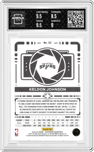 Keldon Johnson from the 2023-24 Panini Photogenic set featuring a Silver parallel graded by Arena Club and given an overall grade of 9.