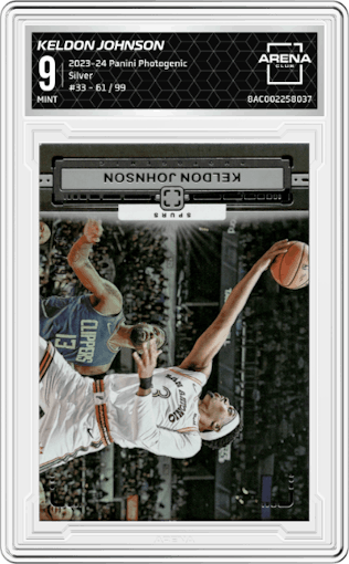 Keldon Johnson from the 2023-24 Panini Photogenic set featuring a Silver parallel graded by Arena Club and given an overall grade of 9.
