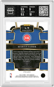 Marcus Sasser from the 2023-24 Panini Select  set featuring a Maroon Prizm parallel graded by Arena Club and given an overall grade of 9.5.