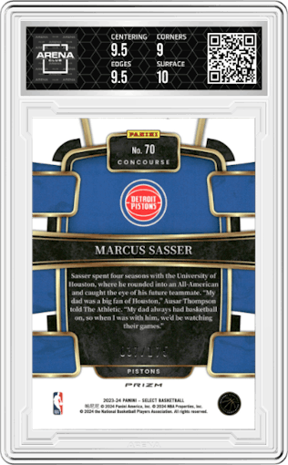 Marcus Sasser from the 2023-24 Panini Select  set featuring a Maroon Prizm parallel graded by Arena Club and given an overall grade of 9.5.