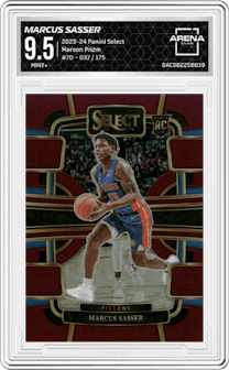 Marcus Sasser from the 2023-24 Panini Select  set featuring a Maroon Prizm parallel graded by Arena Club and given an overall grade of 9.5.