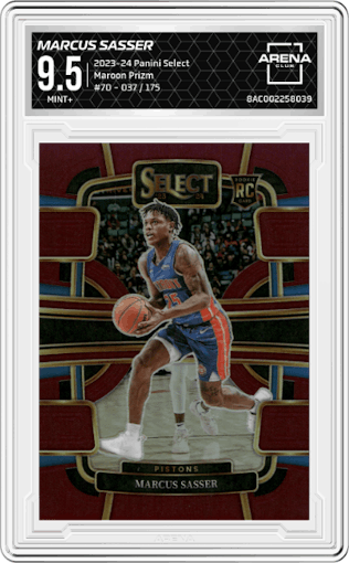 Marcus Sasser from the 2023-24 Panini Select  set featuring a Maroon Prizm parallel graded by Arena Club and given an overall grade of 9.5.