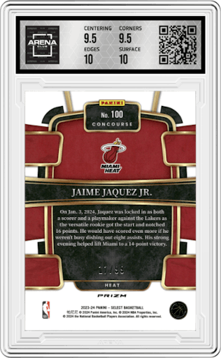 Jaime Jaquez Jr. from the 2023-24 Panini Select  set featuring a Purple Cracked Ice Prizm parallel graded by Arena Club and given an overall grade of 10.