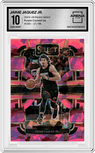 Jaime Jaquez Jr. from the 2023-24 Panini Select  set featuring a Purple Cracked Ice Prizm parallel graded by Arena Club and given an overall grade of 10.