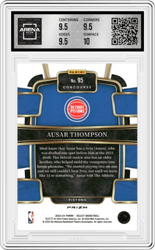 Ausar Thompson from the 2023-24 Panini Select  set featuring a Blue Cracked Ice parallel graded by Arena Club and given an overall grade of 10.