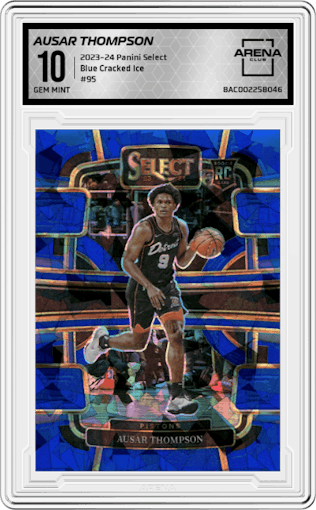 Ausar Thompson from the 2023-24 Panini Select  set featuring a Blue Cracked Ice parallel graded by Arena Club and given an overall grade of 10.