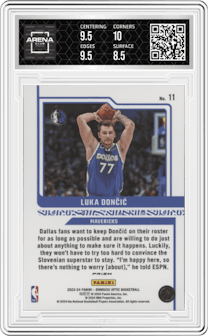 Luka Doncic from the 2023-24 Donruss Optic set featuring a Holo parallel graded by Arena Club and given an overall grade of 9.